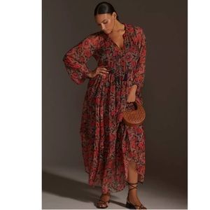 New Anthropologie The Marais Printed Chiffon Maxi Dress- Red Motif